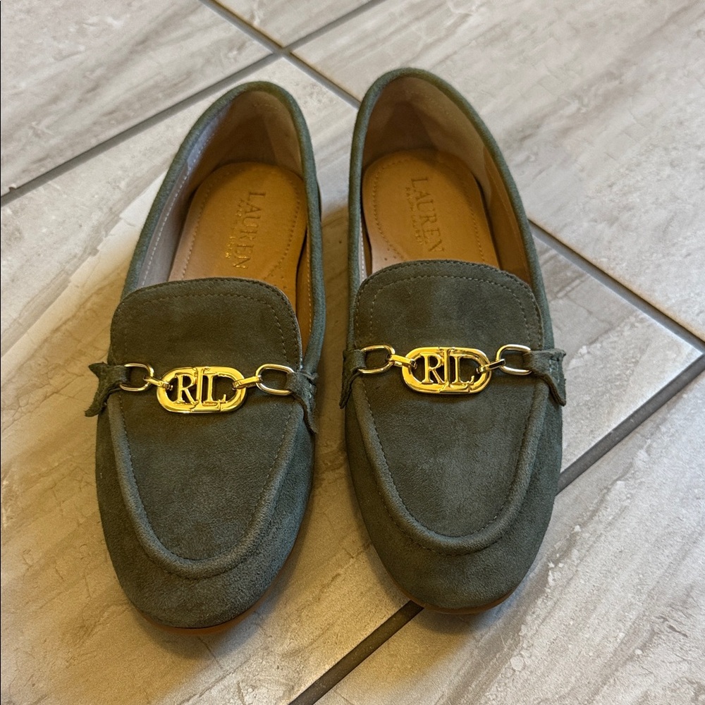 Ralph Lauren Olive Suede Loafers with Gold Accent